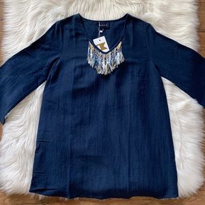 NWT Buckley K Blue V-Neck Tunic Top 3/4 Bell Sleeves Fringe Womens Small